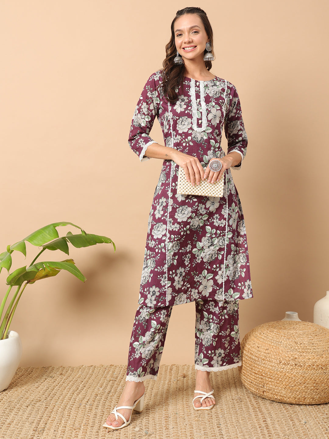 FIORRA Women's Wine Cotton Straight Kurta Set